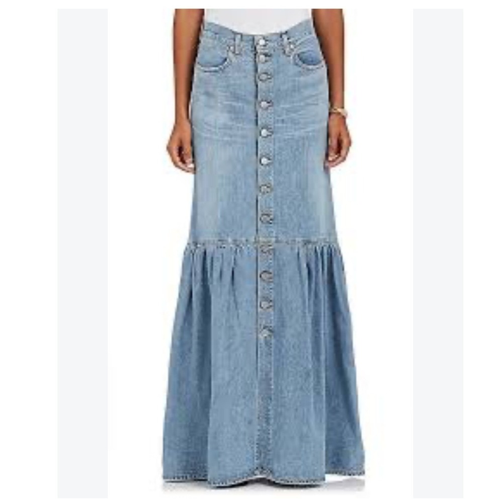 Jean Atelier Wedding Denim Maxi Skirt Small Blue Boho Western Tiered Ruffle